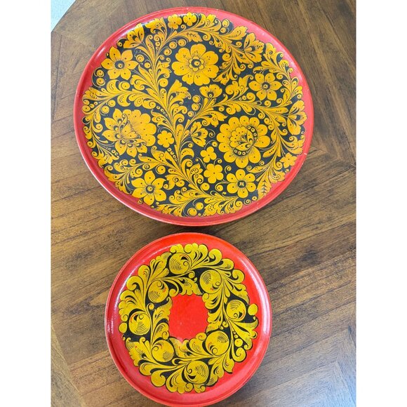 Other - Vintage Russian Made in USSR Laquered Plate Gold Black Wooden Ware Folk Art READ